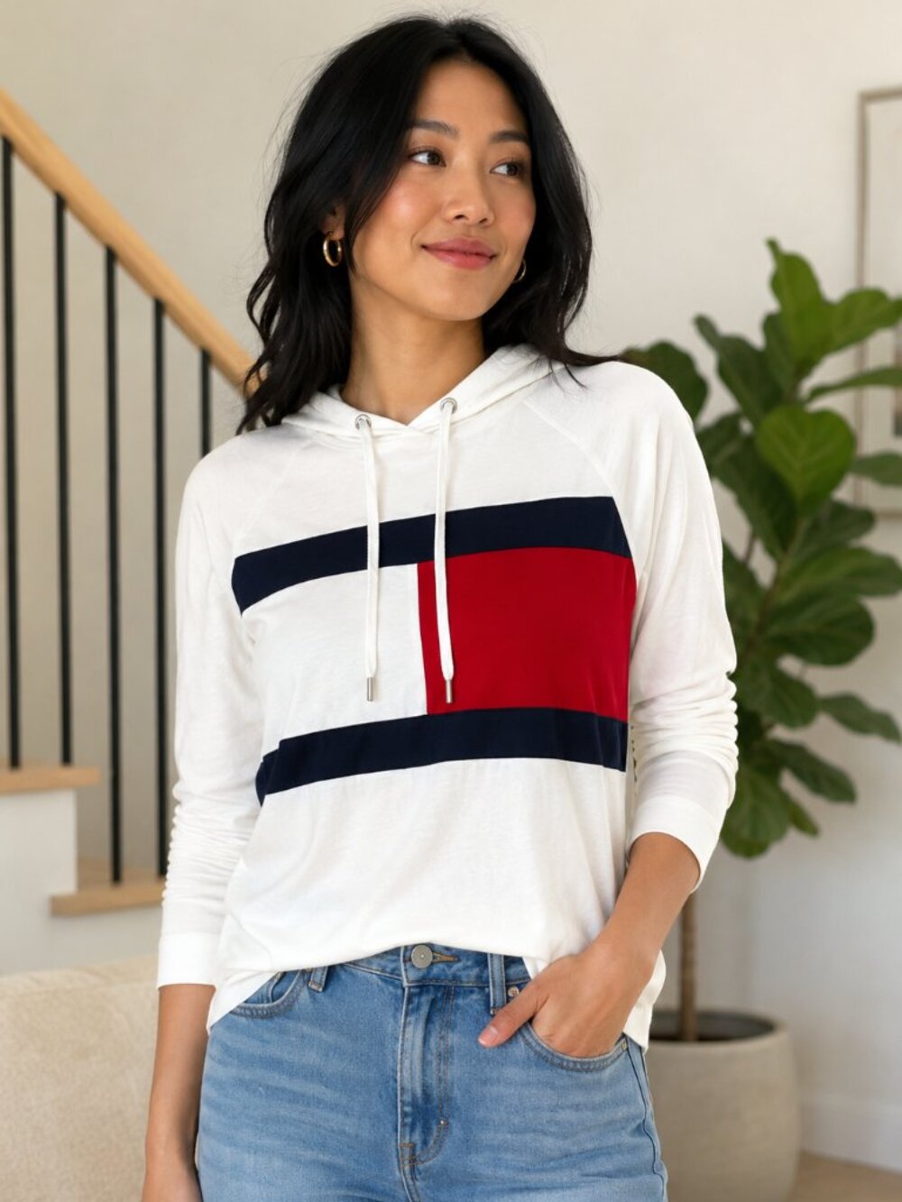 Tommy Hilfiger Sport Colorblock Hoodie Top White Red Navy Large